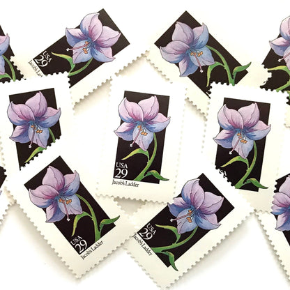 Image of 1992 American Wildflower Series “Jacob's Ladder” vintage USPS mail stamps. Scott #2684. Stamp Themes: Plants, Flowers, Wildflowers, Flora. Purple, Blue, Green, Multicolored gummed postage stamp. Perfect postage stamp to use for save the date announcements, wedding invitation postage, bridal shower invitations, birth announcements, valentine’s day, thank you cards, and snail mail.