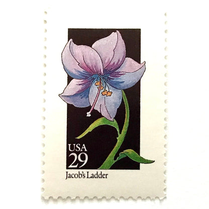 Image of 1992 American Wildflower Series “Jacob's Ladder” vintage USPS mail stamps. Scott #2684. Stamp Themes: Plants, Flowers, Wildflowers, Flora. Purple, Blue, Green, Multicolored gummed postage stamp. Perfect postage stamp to use for save the date announcements, wedding invitation postage, bridal shower invitations, birth announcements, valentine’s day, thank you cards, and snail mail.