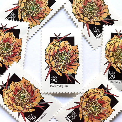 Image of 1992 American Wildflower Series “Plains Prickly Pear” vintage USPS mail stamps. Scott #2685. Stamp Themes: Plants, Flowers, Wildflowers, Flora. Yellow, Red, Black, Multicolored gummed postage stamp. Perfect postage stamp to use for save the date announcements, wedding invitation postage, bridal shower invitations, birth announcements, valentine’s day, thank you cards, and snail mail.