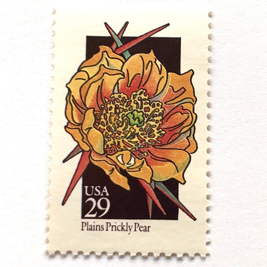 Image of 1992 American Wildflower Series “Plains Prickly Pear” vintage USPS mail stamps. Scott #2685. Stamp Themes: Plants, Flowers, Wildflowers, Flora. Yellow, Red, Black, Multicolored gummed postage stamp. Perfect postage stamp to use for save the date announcements, wedding invitation postage, bridal shower invitations, birth announcements, valentine’s day, thank you cards, and snail mail.