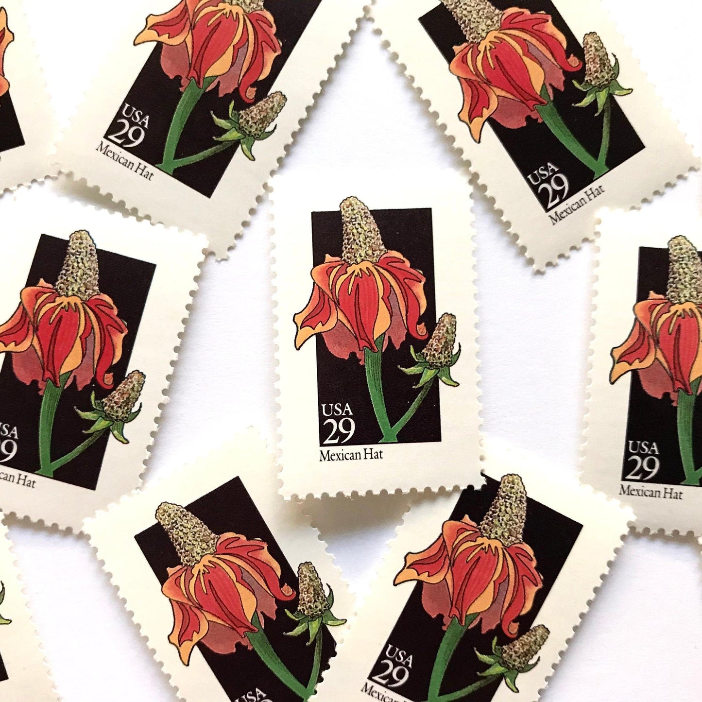 Image of 1992 American Wildflower Series “Mexican Hat” vintage USPS mail stamps. Scott #2688. Stamp Themes: Plants, Flowers, Wildflowers, Flora. Red, Orange, Green, Multicolored gummed postage stamp. Perfect postage stamp to use for save the date announcements, wedding invitation postage, bridal shower invitations, birth announcements, valentine’s day, thank you cards, and snail mail.