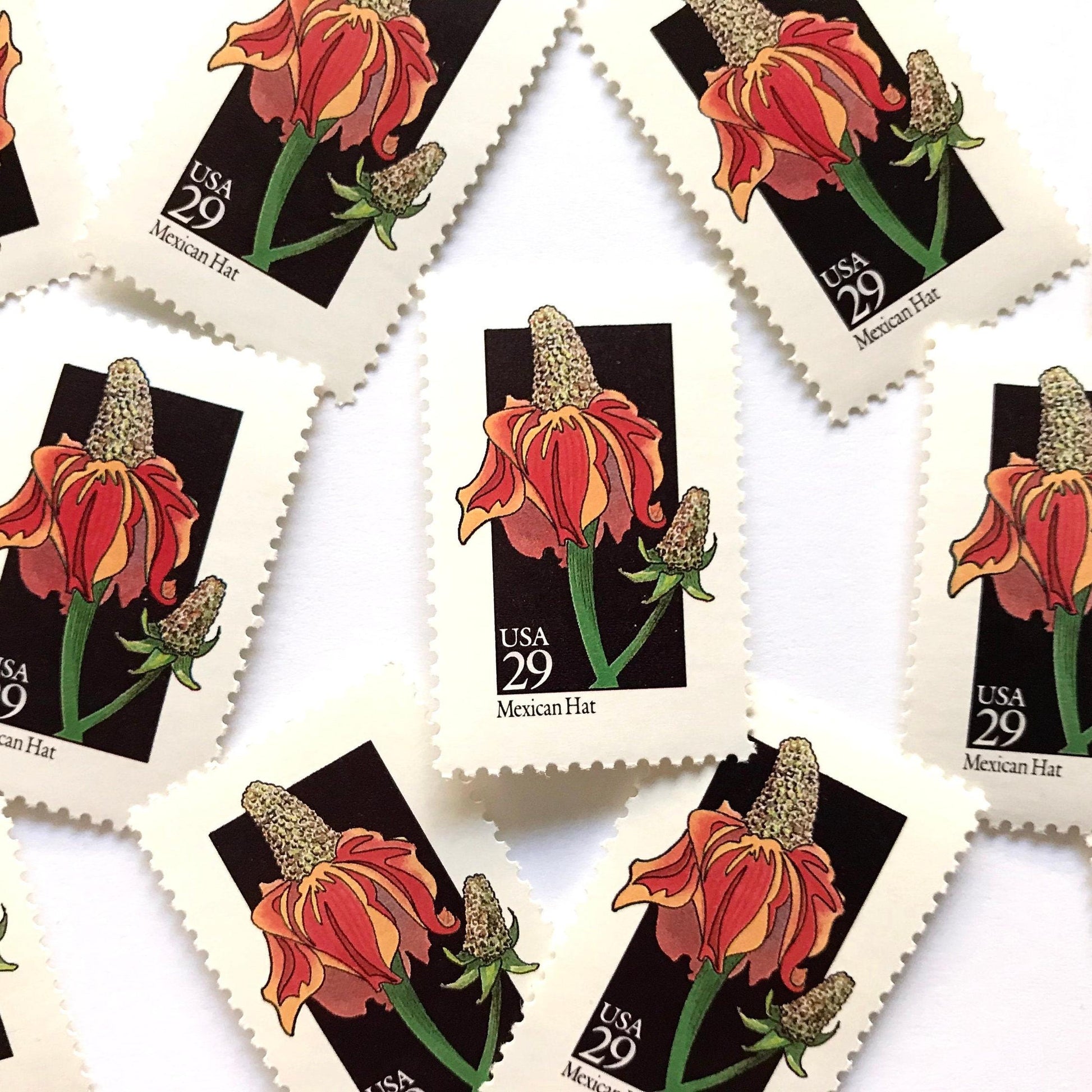 Image of 1992 American Wildflower Series “Mexican Hat” vintage USPS mail stamps. Scott #2688. Stamp Themes: Plants, Flowers, Wildflowers, Flora. Red, Orange, Green, Multicolored gummed postage stamp. Perfect postage stamp to use for save the date announcements, wedding invitation postage, bridal shower invitations, birth announcements, valentine’s day, thank you cards, and snail mail.