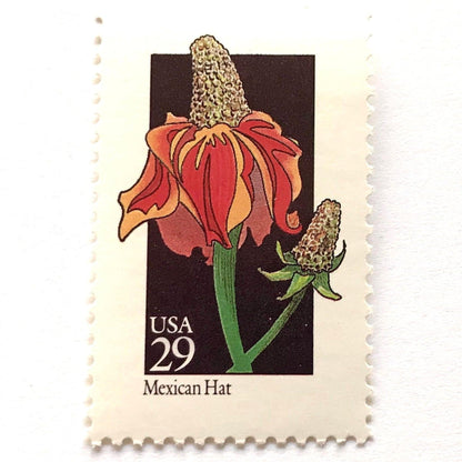 Image of 1992 American Wildflower Series “Mexican Hat” vintage USPS mail stamps. Scott #2688. Stamp Themes: Plants, Flowers, Wildflowers, Flora. Red, Orange, Green, Multicolored gummed postage stamp. Perfect postage stamp to use for save the date announcements, wedding invitation postage, bridal shower invitations, birth announcements, valentine’s day, thank you cards, and snail mail.
