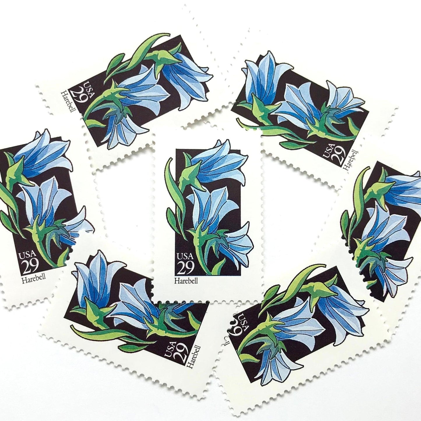 Image of 1992 American Wildflower Series “Harebell” vintage USPS mail stamps. Scott #2689. Stamp Themes: Plants, Flowers, Wildflowers, Flora. Blue, Green, Black, Multicolored gummed postage stamp. Perfect postage stamp to use for save the date announcements, wedding invitation postage, bridal shower invitations, birth announcements, valentine’s day, thank you cards, and snail mail.