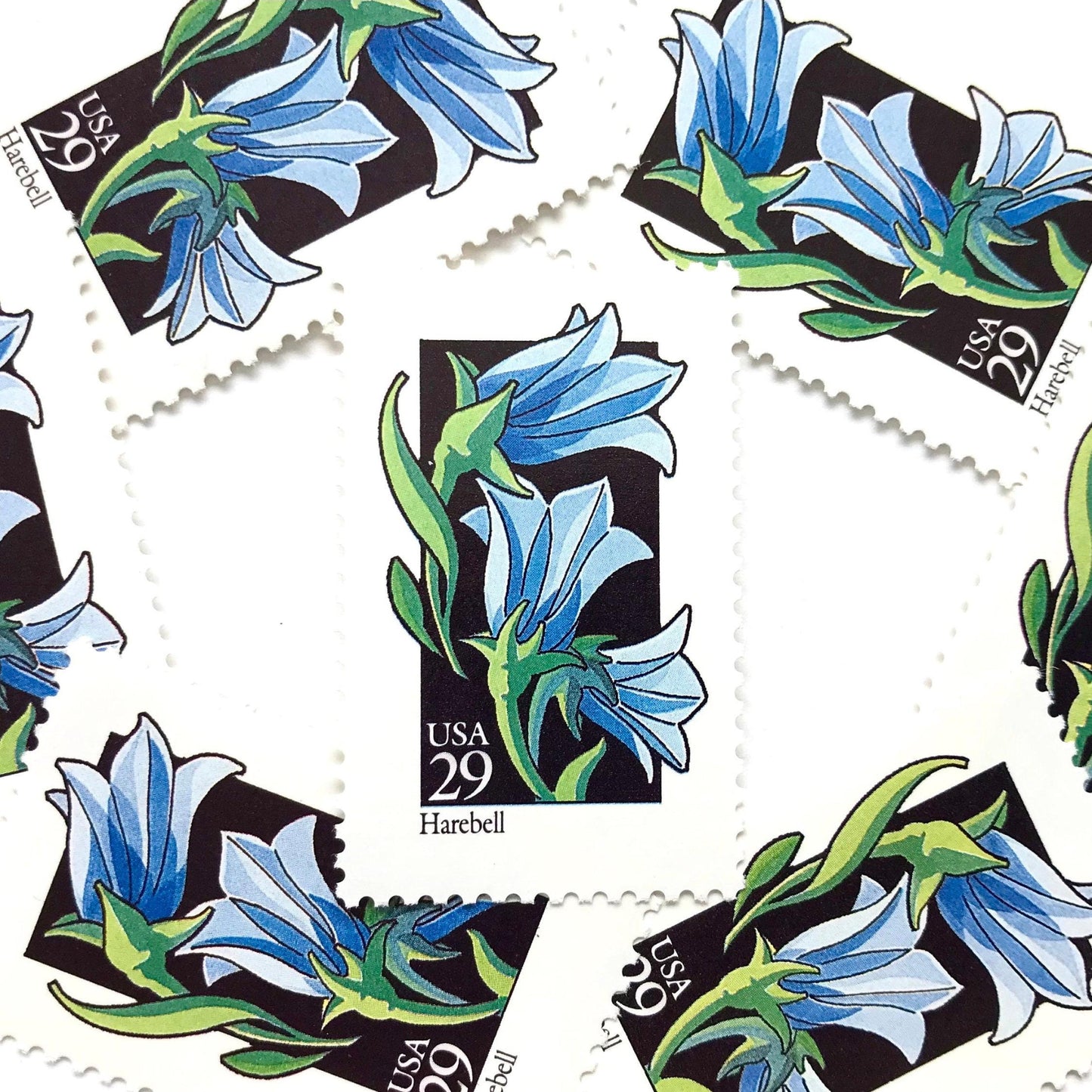 Image of 1992 American Wildflower Series “Harebell” vintage USPS mail stamps. Scott #2689. Stamp Themes: Plants, Flowers, Wildflowers, Flora. Blue, Green, Black, Multicolored gummed postage stamp. Perfect postage stamp to use for save the date announcements, wedding invitation postage, bridal shower invitations, birth announcements, valentine’s day, thank you cards, and snail mail.