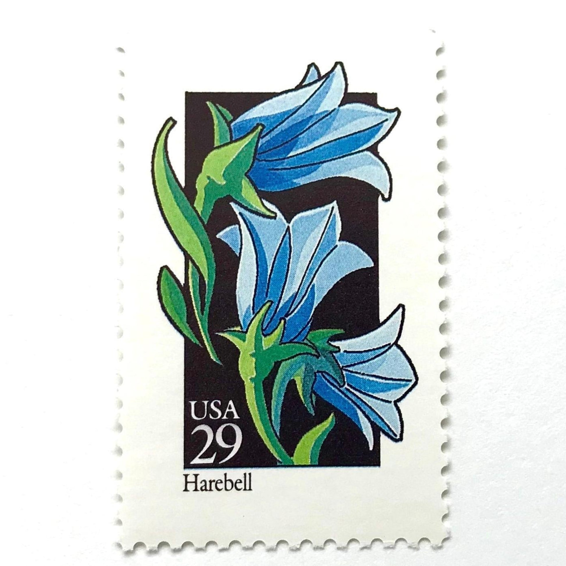 Image of 1992 American Wildflower Series “Harebell” vintage USPS mail stamps. Scott #2689. Stamp Themes: Plants, Flowers, Wildflowers, Flora. Blue, Green, Black, Multicolored gummed postage stamp. Perfect postage stamp to use for save the date announcements, wedding invitation postage, bridal shower invitations, birth announcements, valentine’s day, thank you cards, and snail mail.