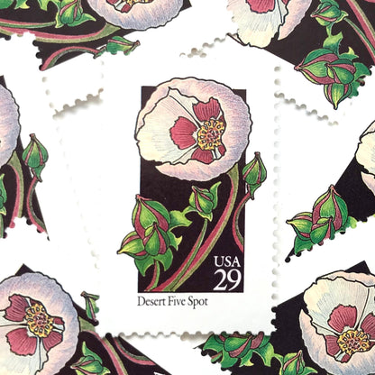 Image of 1992 American Wildflower series “Desert Five Spot” 29-cent vintage USPS mail stamps. Scott #2690. Stamp Themes: Plants, Flowers, Wildflowers, Flora. Pink, Fuchsia, Lavender, Green, Multicolored gummed postage stamp. Perfect postage stamp to use for save the date announcements, wedding invitation postage, bridal shower invitations, birth announcements, valentine’s day, thank you cards, and snail mail.