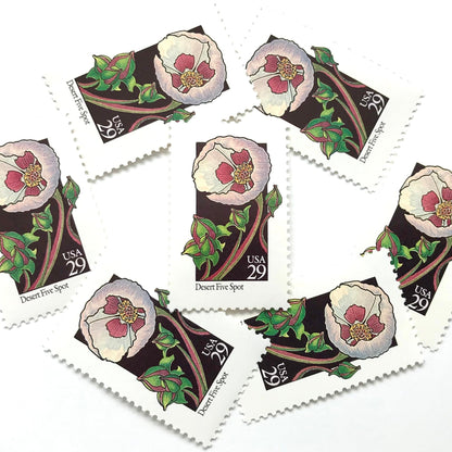 Image of 1992 American Wildflower series “Desert Five Spot” 29-cent vintage USPS mail stamps. Scott #2690. Stamp Themes: Plants, Flowers, Wildflowers, Flora. Pink, Fuchsia, Lavender, Green, Multicolored gummed postage stamp. Perfect postage stamp to use for save the date announcements, wedding invitation postage, bridal shower invitations, birth announcements, valentine’s day, thank you cards, and snail mail.