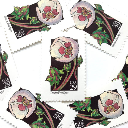 Image of 1992 American Wildflower series “Desert Five Spot” 29-cent vintage USPS mail stamps. Scott #2690. Stamp Themes: Plants, Flowers, Wildflowers, Flora. Pink, Fuchsia, Lavender, Green, Multicolored gummed postage stamp. Perfect postage stamp to use for save the date announcements, wedding invitation postage, bridal shower invitations, birth announcements, valentine’s day, thank you cards, and snail mail.