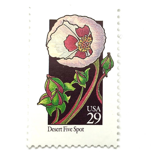 Image of 1992 American Wildflower series “Desert Five Spot” 29-cent vintage USPS mail stamps. Scott #2690. Stamp Themes: Plants, Flowers, Wildflowers, Flora. Pink, Fuchsia, Lavender, Green, Multicolored gummed postage stamp. Perfect postage stamp to use for save the date announcements, wedding invitation postage, bridal shower invitations, birth announcements, valentine’s day, thank you cards, and snail mail.