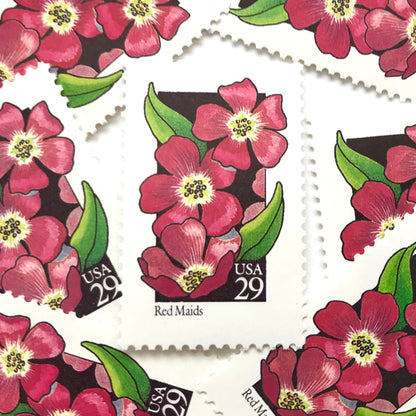 Image of 1992 American Wildflower Series “Red Maids” vintage USPS mail stamps. Scott #2692. Stamp Themes: Plants, Flowers, Wildflowers, Flora. Pink, Green, Black, Multicolored gummed postage stamp. Perfect postage stamp to use for save the date announcements, wedding invitation postage, bridal shower invitations, birth announcements, valentine’s day, thank you cards, and snail mail.