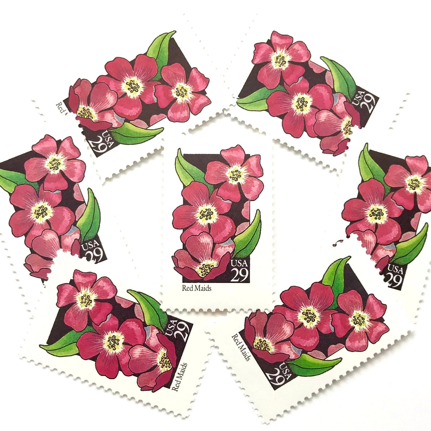 Image of 1992 American Wildflower Series “Red Maids” vintage USPS mail stamps. Scott #2692. Stamp Themes: Plants, Flowers, Wildflowers, Flora. Pink, Green, Black, Multicolored gummed postage stamp. Perfect postage stamp to use for save the date announcements, wedding invitation postage, bridal shower invitations, birth announcements, valentine’s day, thank you cards, and snail mail.
