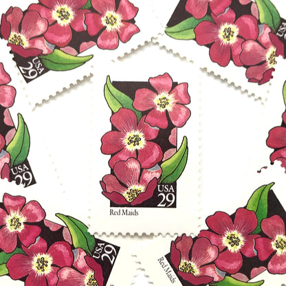 Image of 1992 American Wildflower Series “Red Maids” vintage USPS mail stamps. Scott #2692. Stamp Themes: Plants, Flowers, Wildflowers, Flora. Pink, Green, Black, Multicolored gummed postage stamp. Perfect postage stamp to use for save the date announcements, wedding invitation postage, bridal shower invitations, birth announcements, valentine’s day, thank you cards, and snail mail.