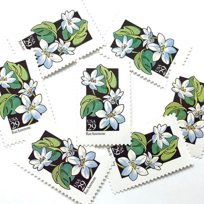 Image of 1992 American Wildflower Series “Rue Anemone” vintage USPS mail stamps. Scott #2694. Stamp Themes: Plants, Flowers, Wildflowers, Flora. White, Blue, Green, Multicolored gummed postage stamp. Perfect postage stamp to use for save the date announcements, wedding invitation postage, bridal shower invitations, birth announcements, valentine’s day, thank you cards, and snail mail.