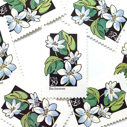 Image of 1992 American Wildflower Series “Rue Anemone” vintage USPS mail stamps. Scott #2694. Stamp Themes: Plants, Flowers, Wildflowers, Flora. White, Blue, Green, Multicolored gummed postage stamp. Perfect postage stamp to use for save the date announcements, wedding invitation postage, bridal shower invitations, birth announcements, valentine’s day, thank you cards, and snail mail.