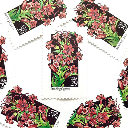 Image of 1992 American Wildflower Series “Standing Cypress” vintage USPS mail stamps. Scott #2695. Stamp Themes: Plants, Flowers, Wildflowers, Flora. Red, Pink, Green, Multicolored gummed postage stamp. Perfect postage stamp to use for save the date announcements, wedding invitation postage, bridal shower invitations, birth announcements, valentine’s day, thank you cards, and snail mail.
