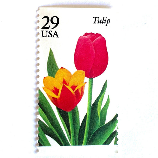 Image of Tulip postage stamps from the 1993 Spring Garden Flowers series, featuring red and yellow tulip blooms with green foliage on vintage unused 29-cent USPS postage, Scott 2762.
