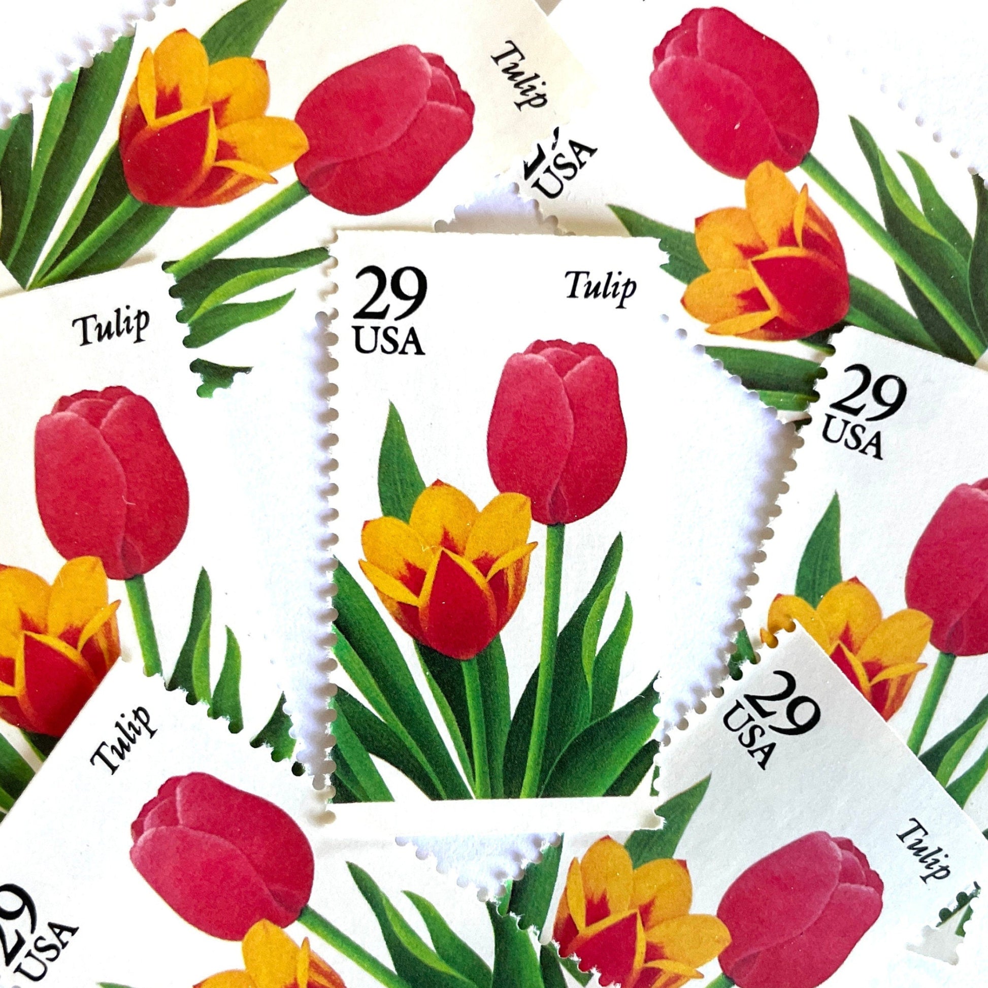 Image of Tulip postage stamps from the 1993 Spring Garden Flowers series, featuring red and yellow tulip blooms with green foliage on vintage unused 29-cent USPS postage, Scott 2762.
