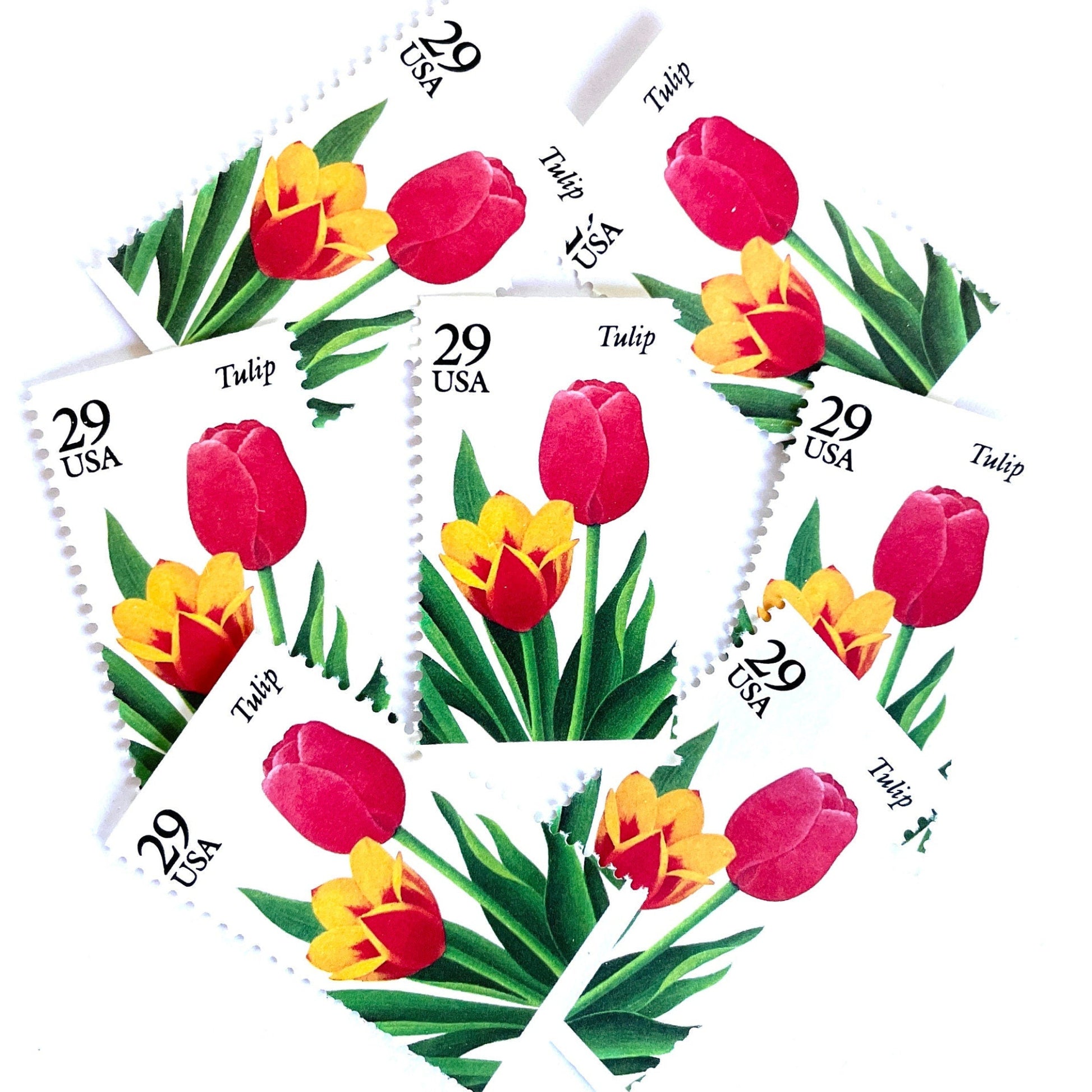Image of Tulip postage stamps from the 1993 Spring Garden Flowers series, featuring red and yellow tulip blooms with green foliage on vintage unused 29-cent USPS postage, Scott 2762.