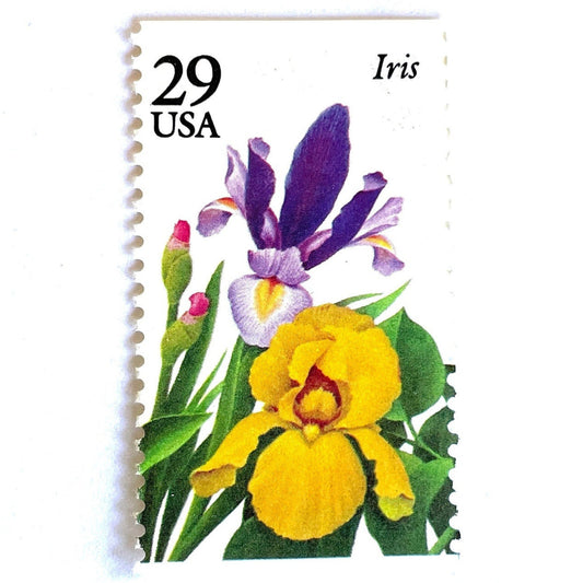 Image of Iris postage stamps featuring a purple iris flower with green foliage and yellow accents from the vintage 1993 USPS Spring Garden Flowers series, 29-cent face value, Scott 2763.
