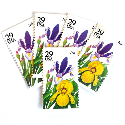 Image of Iris postage stamps featuring a purple iris flower with green foliage and yellow accents from the vintage 1993 USPS Spring Garden Flowers series, 29-cent face value, Scott 2763.
