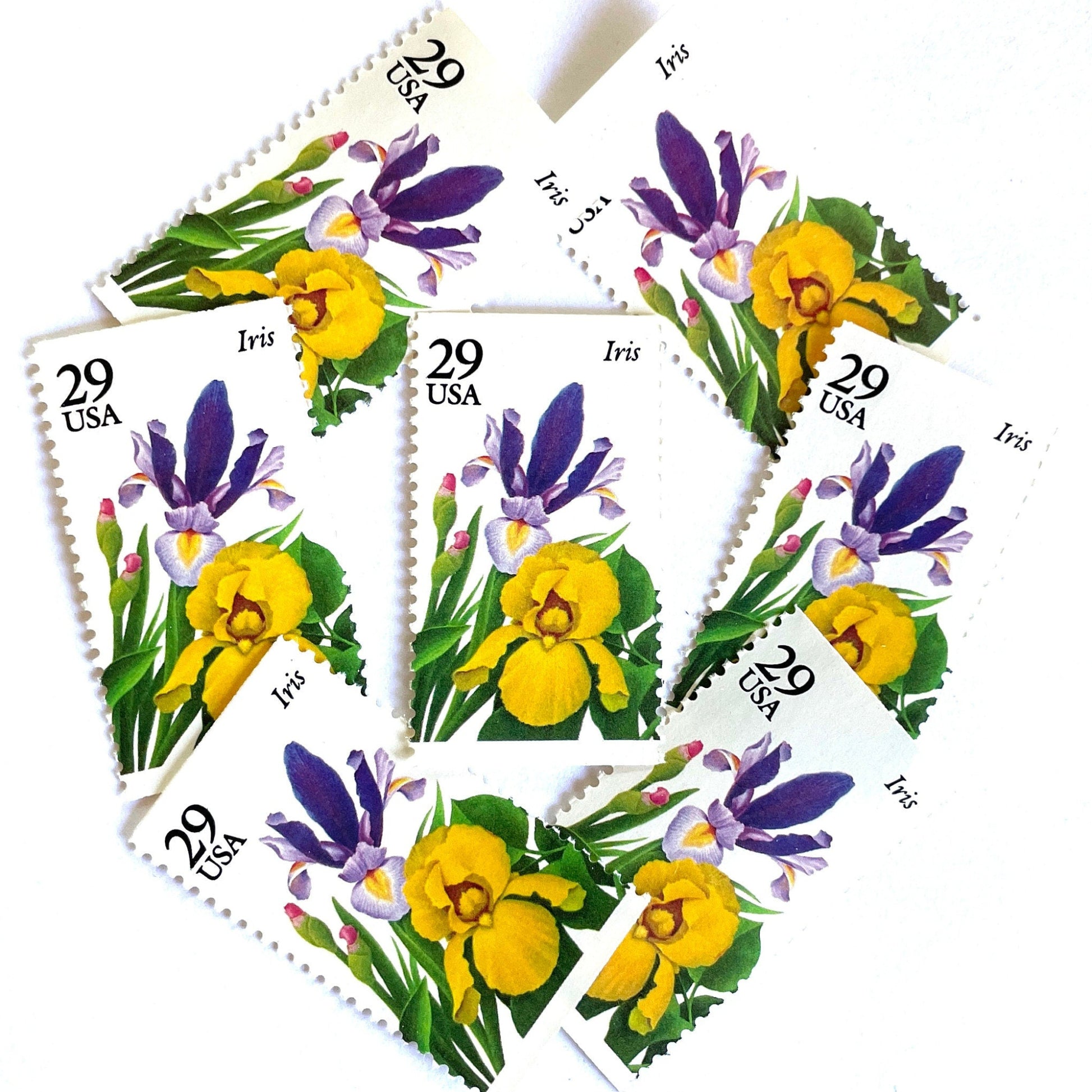 Image of Iris postage stamps featuring a purple iris flower with green foliage and yellow accents from the vintage 1993 USPS Spring Garden Flowers series, 29-cent face value, Scott 2763.