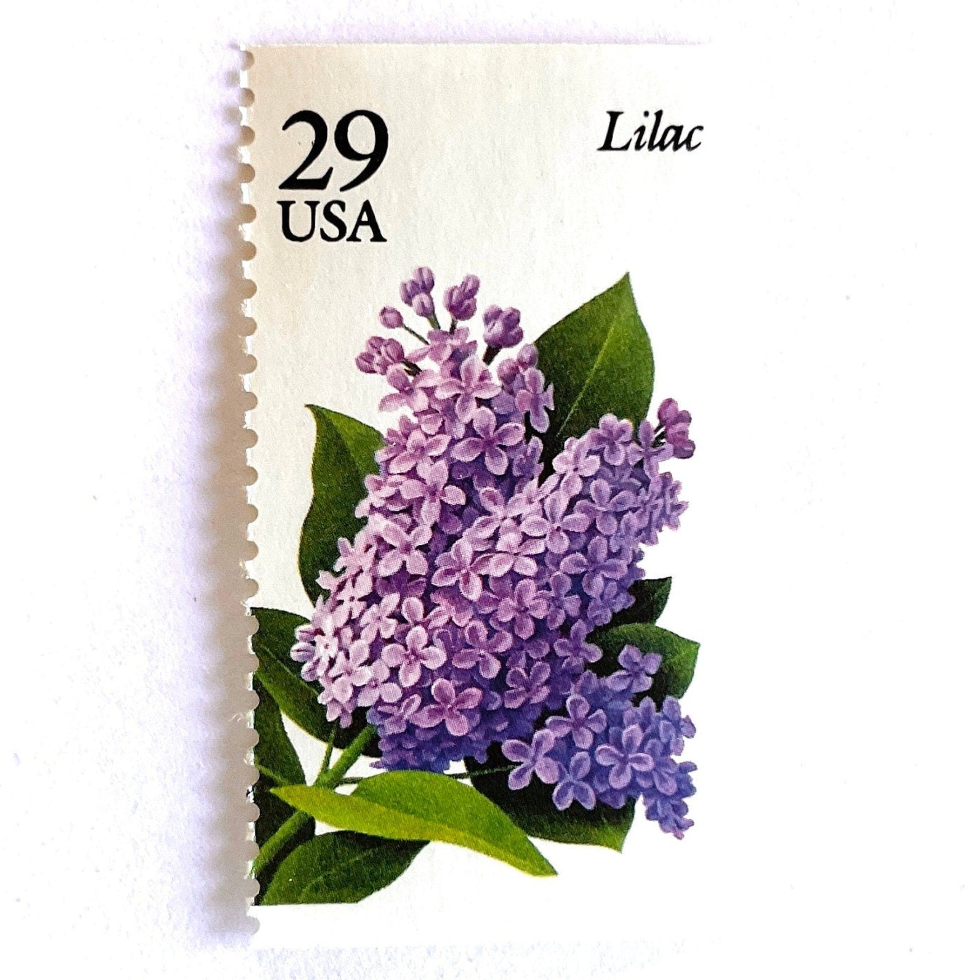 Image of Lilac postage stamps from the Spring Garden Flowers series, featuring purple lilac blossoms with green leaves on vintage 1993 USPS 29-cent postage, Scott 2764.