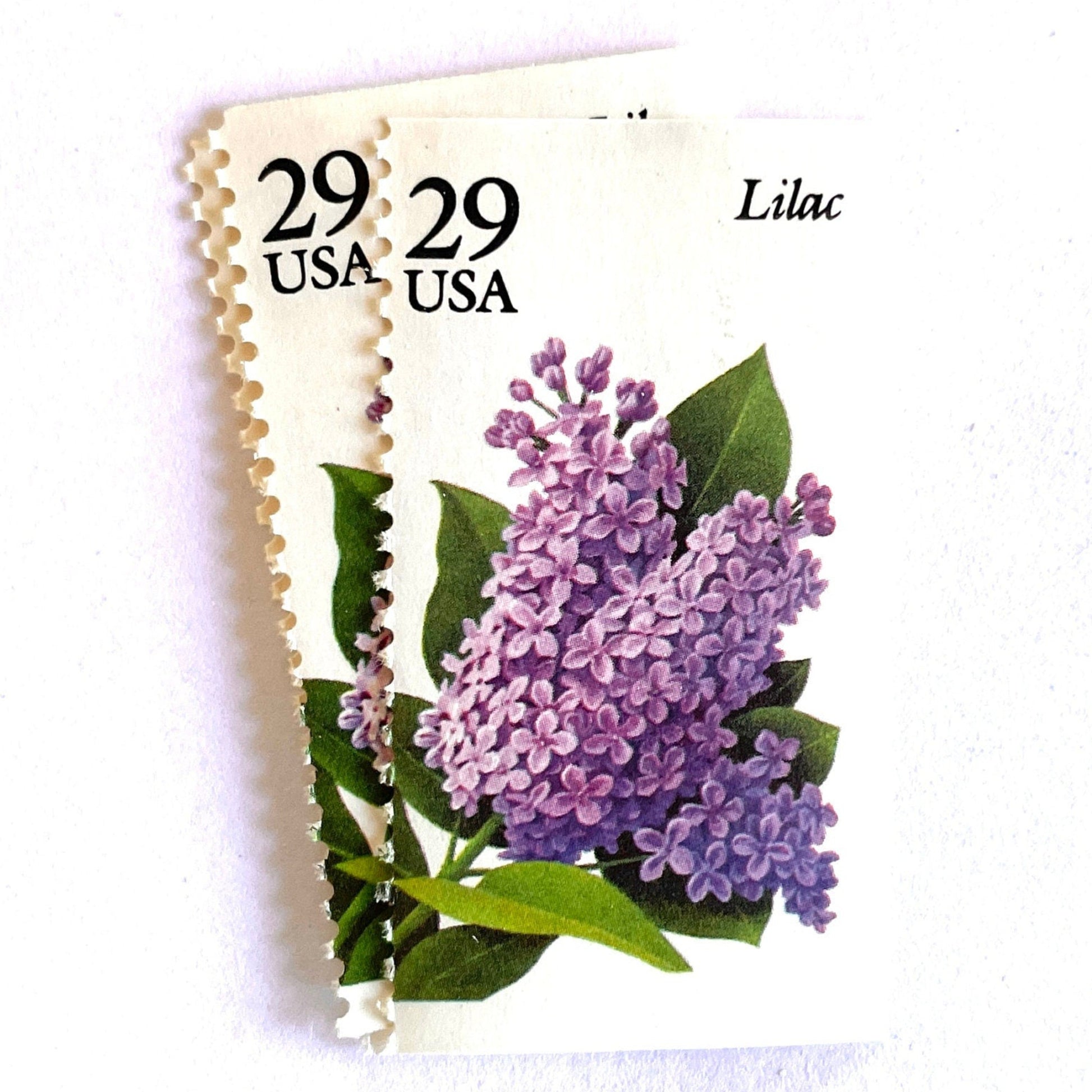 Image of Lilac postage stamps from the Spring Garden Flowers series, featuring purple lilac blossoms with green leaves on vintage 1993 USPS 29-cent postage, Scott 2764.