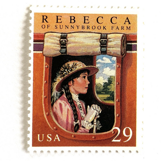 Image of 29-cent Classic Books Series 1993 Rebecca of Sunnybrook Farm USPS postage stamp featuring the young girl character from the book. Scott #2785. Stamp themes: Books, Reading, Literacy, Literature, Children's Book, Literary Classic, Stage Coach, Victorian, Becky. Terra cotta postage stamp.