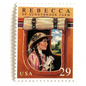 Image of 29-cent Classic Books Series 1993 Rebecca of Sunnybrook Farm USPS postage stamp featuring the young girl character from the book. Scott #2785. Stamp themes: Books, Reading, Literacy, Literature, Children's Book, Literary Classic, Stage Coach, Victorian, Becky. Terra cotta postage stamp.