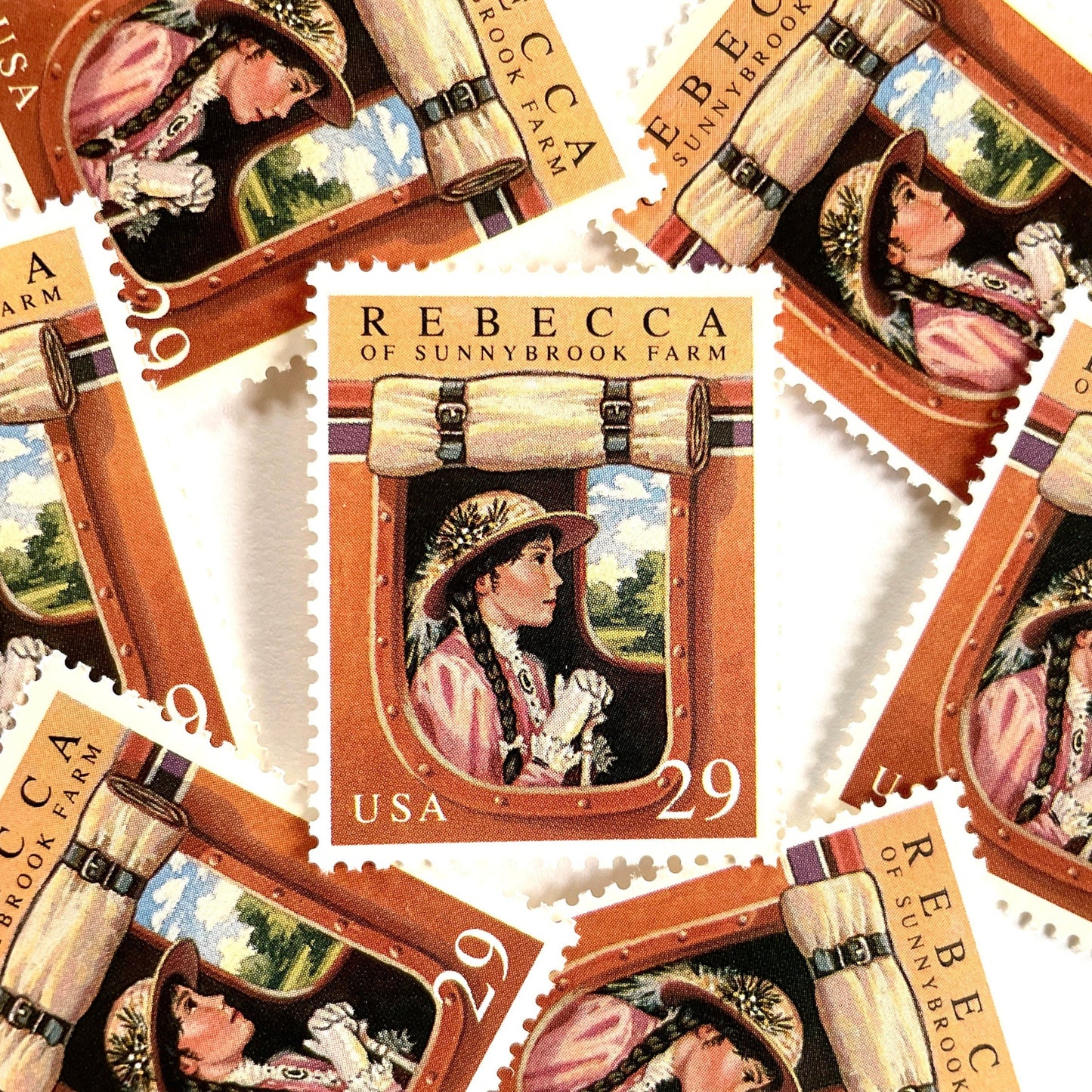 Image of 29-cent Classic Books Series 1993 Rebecca of Sunnybrook Farm USPS postage stamp featuring the young girl character from the book. Scott #2785. Stamp themes: Books, Reading, Literacy, Literature, Children's Book, Literary Classic, Stage Coach, Victorian, Becky. Terra cotta postage stamp.