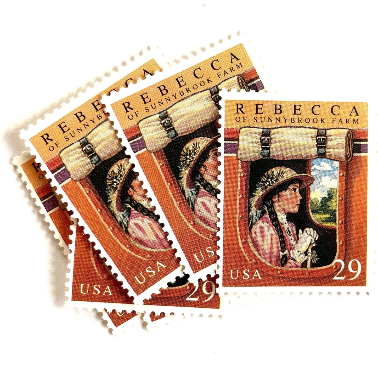 Image of 29-cent Classic Books Series 1993 Rebecca of Sunnybrook Farm USPS postage stamp featuring the young girl character from the book. Scott #2785. Stamp themes: Books, Reading, Literacy, Literature, Children's Book, Literary Classic, Stage Coach, Victorian, Becky. Terra cotta postage stamp.