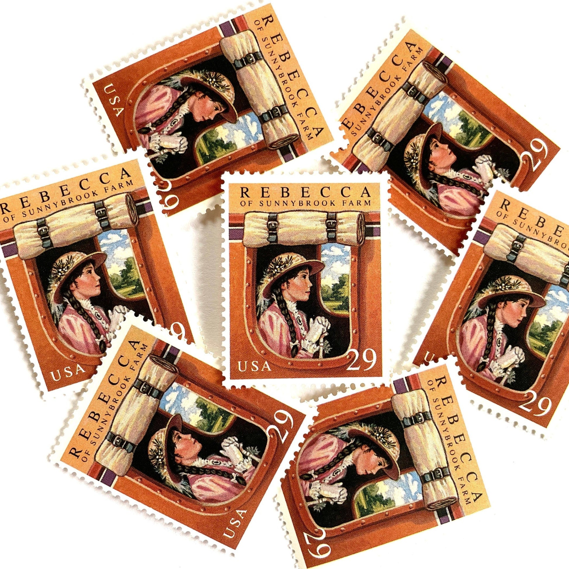 Image of 29-cent Classic Books Series 1993 Rebecca of Sunnybrook Farm USPS postage stamp featuring the young girl character from the book. Scott #2785. Stamp themes: Books, Reading, Literacy, Literature, Children's Book, Literary Classic, Stage Coach, Victorian, Becky. Terra cotta postage stamp.