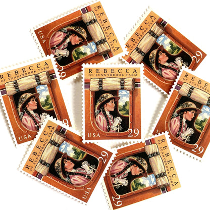 Image of 29-cent Classic Books Series 1993 Rebecca of Sunnybrook Farm USPS postage stamp featuring the young girl character from the book. Scott #2785. Stamp themes: Books, Reading, Literacy, Literature, Children's Book, Literary Classic, Stage Coach, Victorian, Becky. Terra cotta postage stamp.