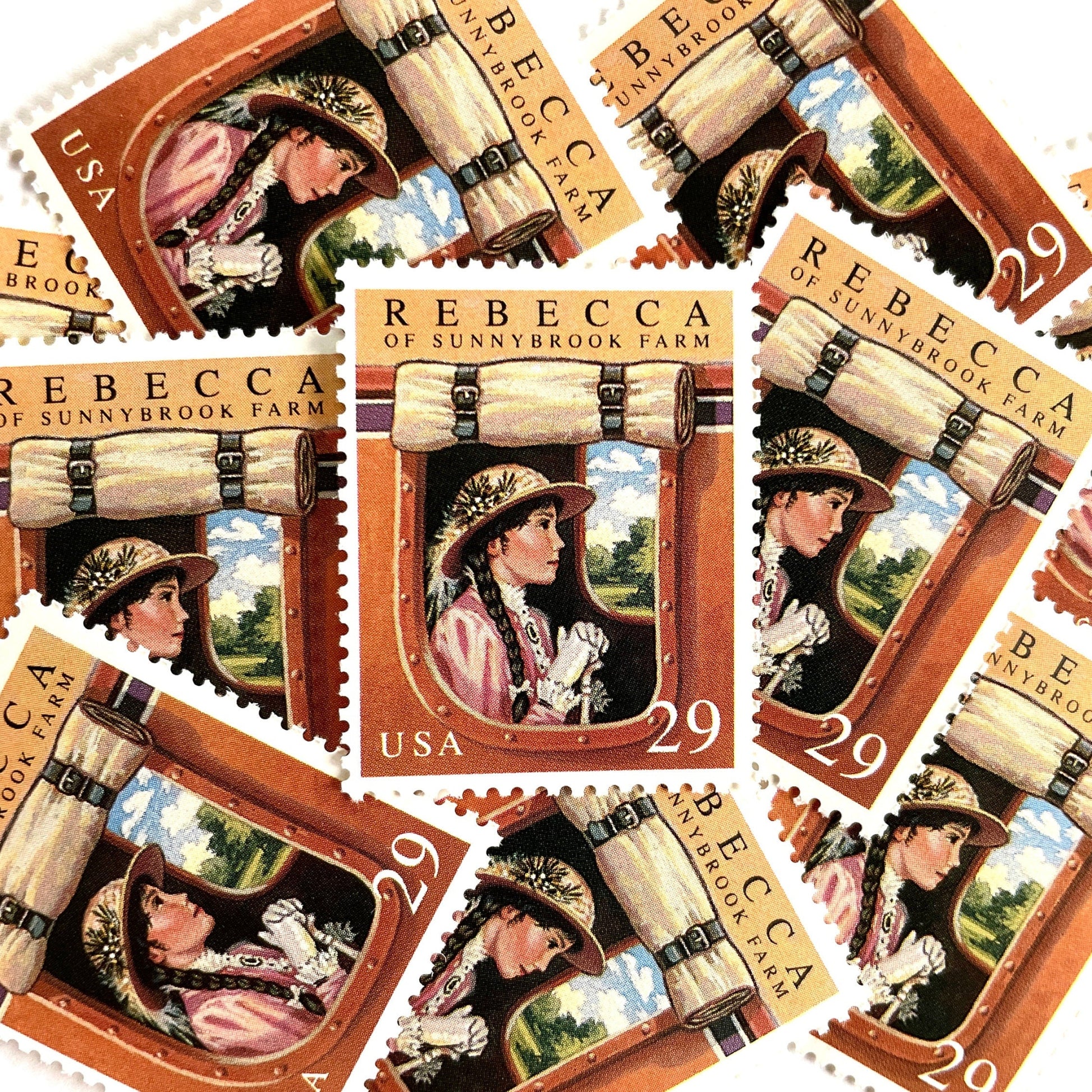 Image of 29-cent Classic Books Series 1993 Rebecca of Sunnybrook Farm USPS postage stamp featuring the young girl character from the book. Scott #2785. Stamp themes: Books, Reading, Literacy, Literature, Children's Book, Literary Classic, Stage Coach, Victorian, Becky. Terra cotta postage stamp.