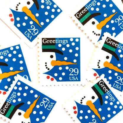 Image of 1993 Contemporary Christmas “Snowman” 29-cent stamps. Scott #2796. Stamp Themes: Snowman, Snow, Snowing, Holidays, Greetings. Blue, white postage stamp.