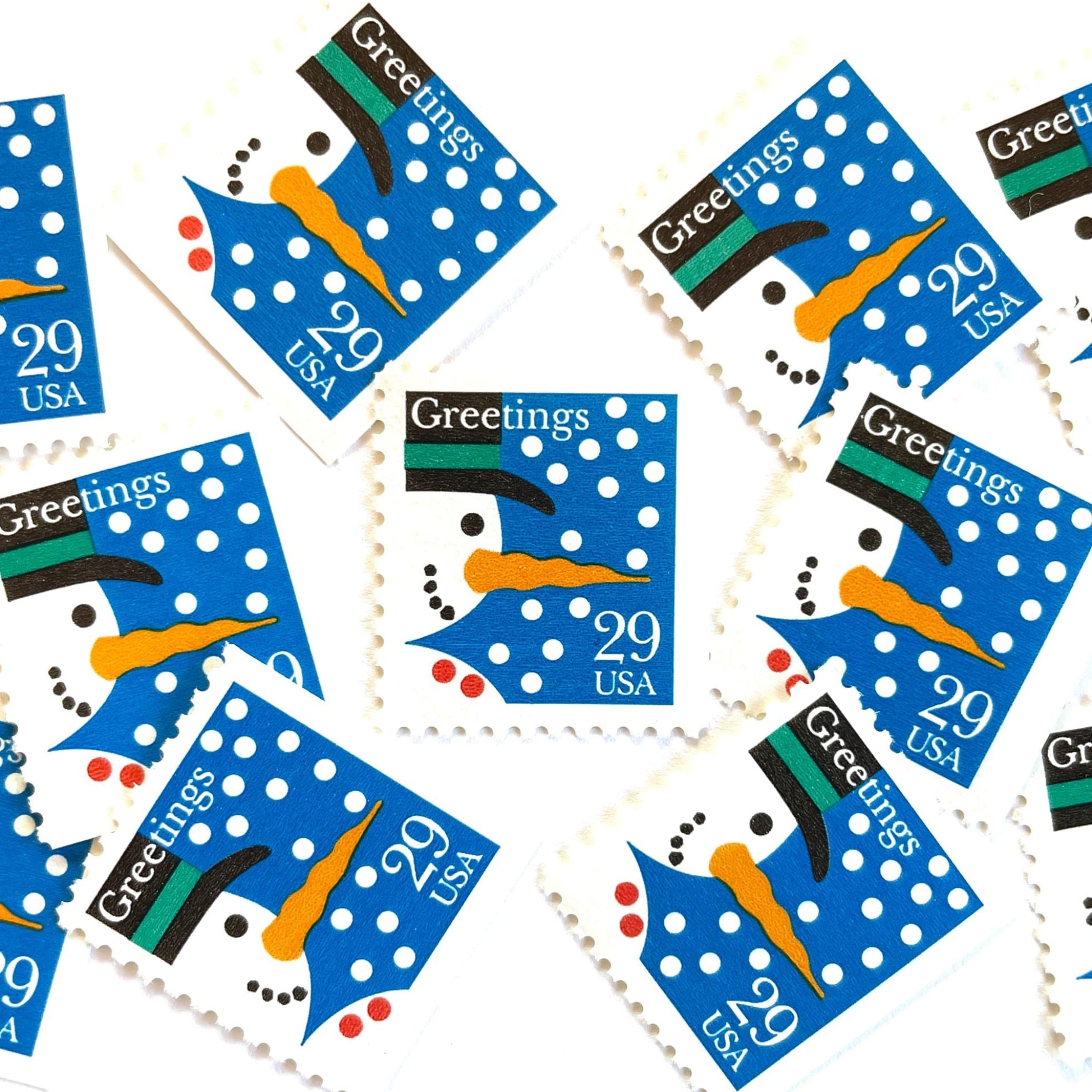 Image of 1993 Contemporary Christmas “Snowman” 29-cent stamps. Scott #2796. Stamp Themes: Snowman, Snow, Snowing, Holidays, Greetings. Blue, white postage stamp.