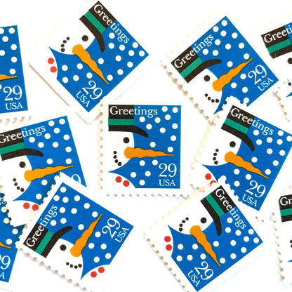 Image of 1993 Contemporary Christmas “Snowman” 29-cent stamps. Scott #2796. Stamp Themes: Snowman, Snow, Snowing, Holidays, Greetings. Blue, white postage stamp.