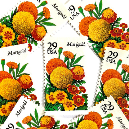 Image of Marigold postage stamps from the 1994 Summer Garden Flowers series, featuring orange, yellow, and red marigold blossoms with green foliage on vintage unused 29-cent USPS postage, Scott 2832.