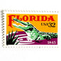 Image of Florida Statehood a postage stamp from 1995, featuring an American Alligator in the Everglades and tropical Florida scenery on vintage unused 32-cent USPS postage, Scott 2950.
