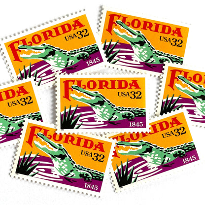 Image of Florida Statehood postage stamps from 1995, featuring an American Alligator in the Everglades and tropical Florida scenery on vintage unused 32-cent USPS postage, Scott 2950.