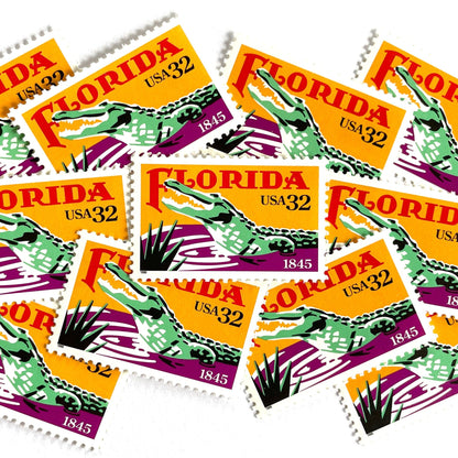Image of Florida Statehood postage stamps from 1995, featuring an American Alligator in the Everglades and tropical Florida scenery on vintage unused 32-cent USPS postage, Scott 2950.