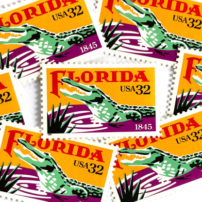 Image of Florida Statehood postage stamps from 1995, featuring an American Alligator in the Everglades and tropical Florida scenery on vintage unused 32-cent USPS postage, Scott 2950.