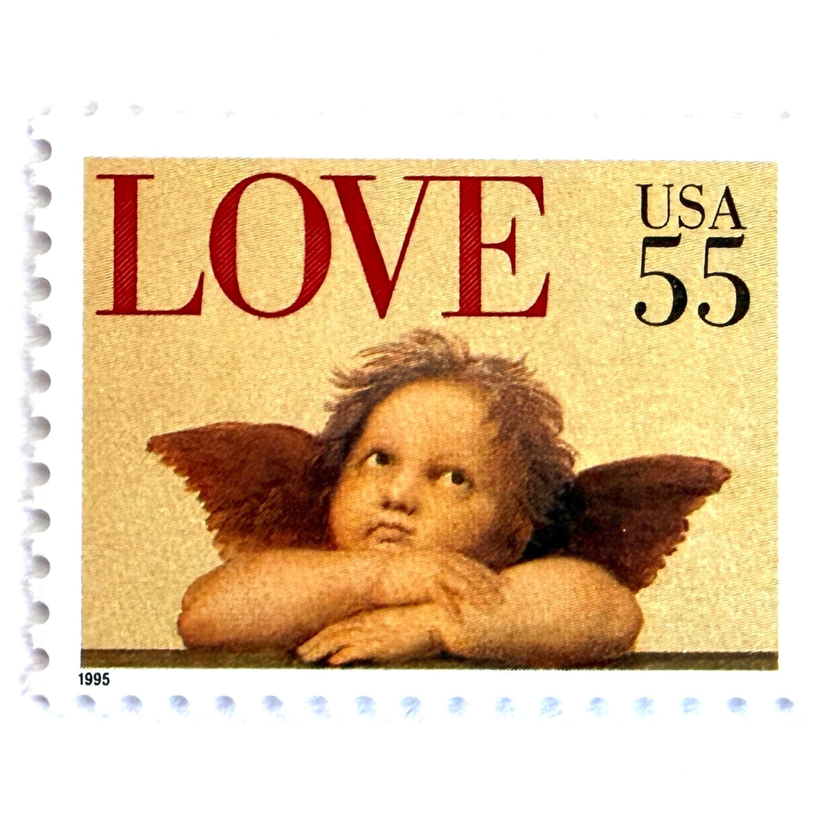 Cherub postage stamp from 1995 featuring a winged cherub in classical romantic style on vintage unused 55-cent USPS postage, Scott 2958.
