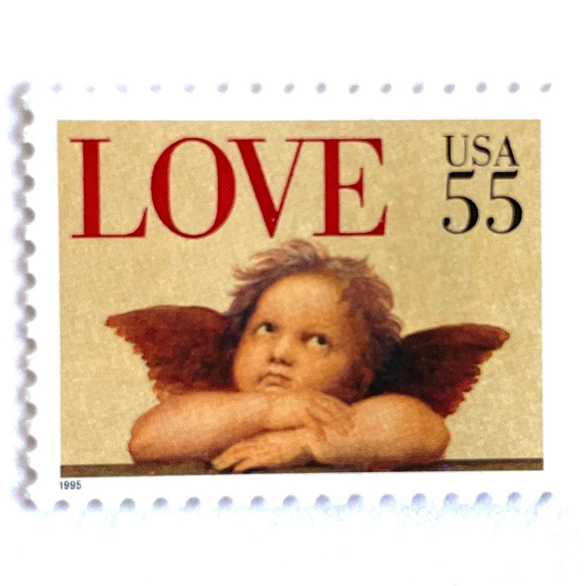 Cherub postage stamps from 1995 featuring a winged cherub in classical romantic style on vintage unused 55-cent USPS postage, Scott 2958.