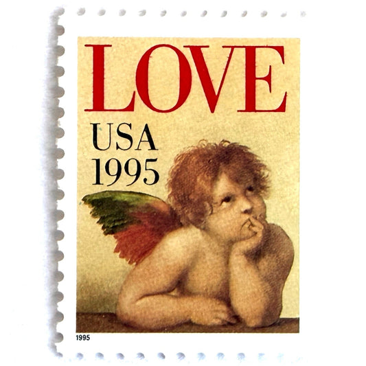 Cherub postage stamp from 1995 featuring Raphael’s contemplative cherub from the Sistine Madonna on vintage unused 32-cent USPS postage, Scott 2959.