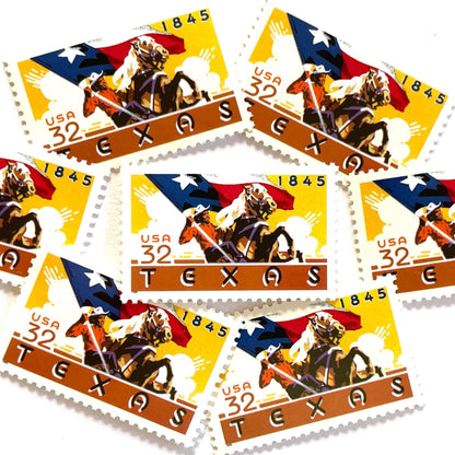 Image of Texas Statehood postage stamps from 1995, featuring a cowboy on horseback waving the Texas State flag on vintage unused 32-cent USPS postage, Scott 2968.