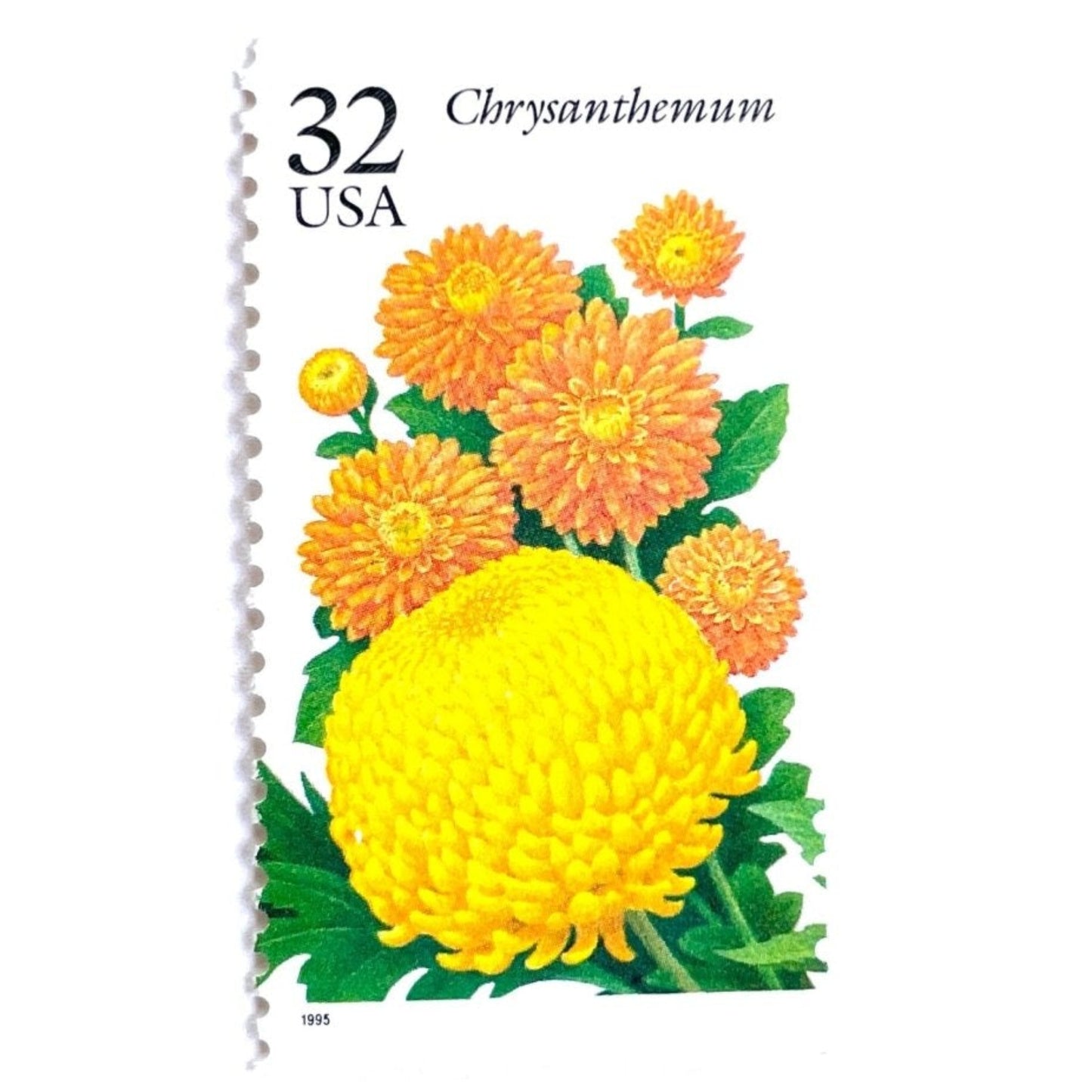 Image of 1994 Garden Flowers series “The Fall Garden: Chrysanthemum” unused 32-cent vintage USPS mail stamps. Scott #2994. Stamp Themes: Flowers, Floral, Botanical, Fragrant, Gardening, Fall, Autumn, Nature. Yellow, Orange Green, Multicolored gummed postage stamp. Perfect postage stamp to use for save the date announcements, wedding invitation postage, bridal shower invitations, birth announcements, thank you cards, valentine’s day, and snail mail.