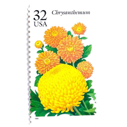 Image of 1994 Garden Flowers series “The Fall Garden: Chrysanthemum” unused 32-cent vintage USPS mail stamps. Scott #2994. Stamp Themes: Flowers, Floral, Botanical, Fragrant, Gardening, Fall, Autumn, Nature. Yellow, Orange Green, Multicolored gummed postage stamp. Perfect postage stamp to use for save the date announcements, wedding invitation postage, bridal shower invitations, birth announcements, thank you cards, valentine’s day, and snail mail.