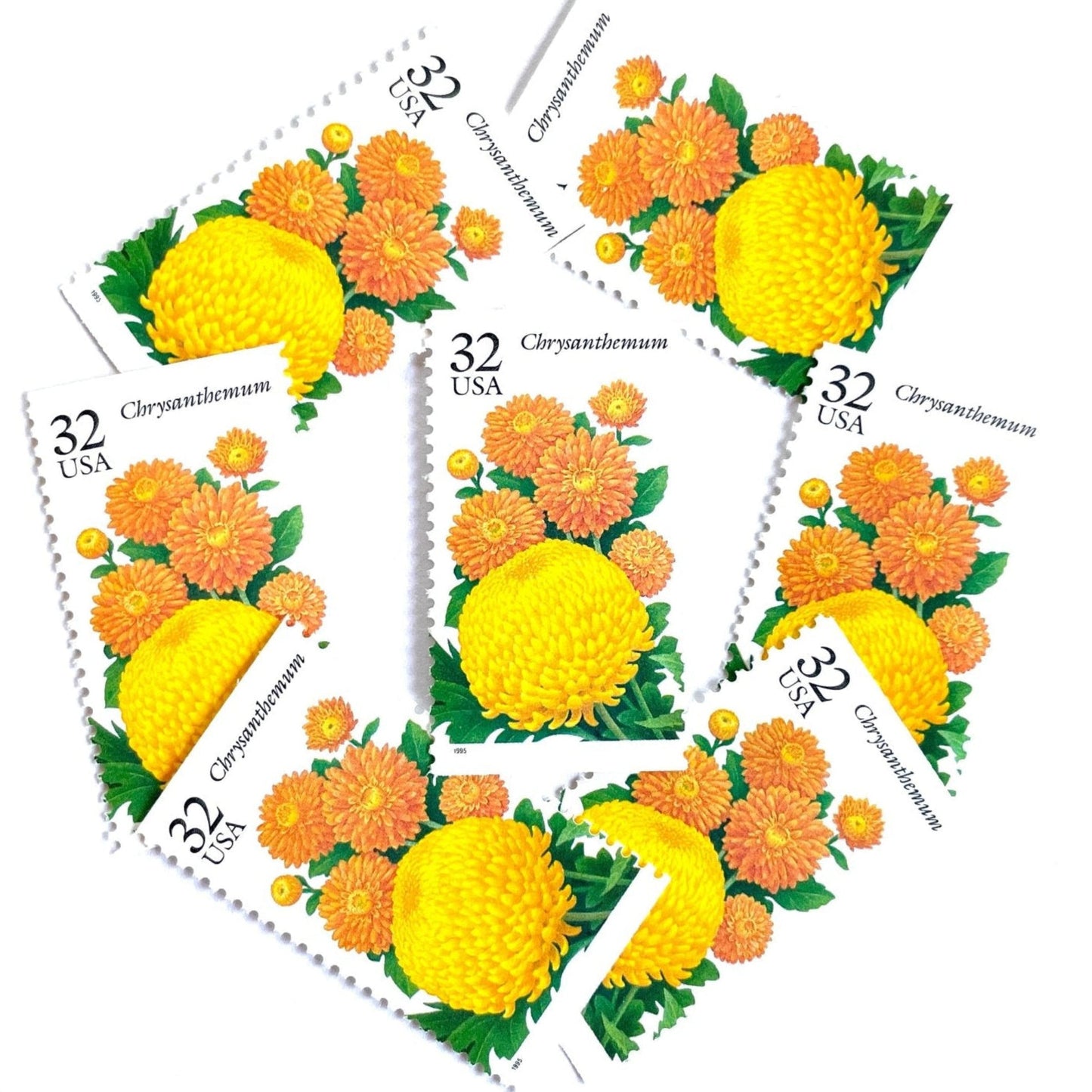 Image of 1994 Garden Flowers series “The Fall Garden: Chrysanthemum” unused 32-cent vintage USPS mail stamps. Scott #2994. Stamp Themes: Flowers, Floral, Botanical, Fragrant, Gardening, Fall, Autumn, Nature. Yellow, Orange Green, Multicolored gummed postage stamp. Perfect postage stamp to use for save the date announcements, wedding invitation postage, bridal shower invitations, birth announcements, thank you cards, valentine’s day, and snail mail.